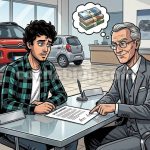 Hombre Joven Mirando un Contrato de Compra de Coche Junto a un Comercial