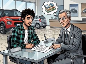 Hombre Joven Mirando un Contrato de Compra de Coche Junto a un Comercial