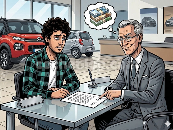 Hombre Joven Mirando un Contrato de Compra de Coche Junto a un Comercial