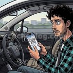 Hombre en su Citroën C3 Aircross recibiendo una notificación de despido en el móvil